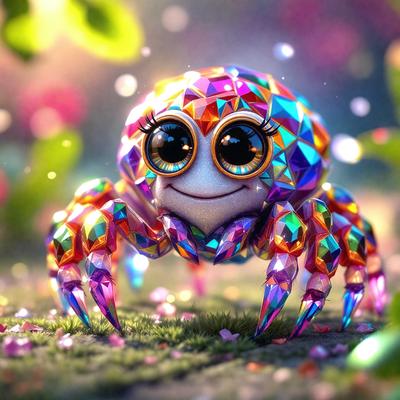 The primary subject of the image is a colorful, rainbow-colored spider with big eyes. The spider is standing on a grassy field, surrounded by a variety of flowers. The setting appears to be a lush, vibrant garden. The visual style of the image is a combination of photo and digital art, creating a whimsical and playful atmosphere. The dominant colors in the image are the rainbow colors of the spider, as well as the various shades of green and pink from the flowers.